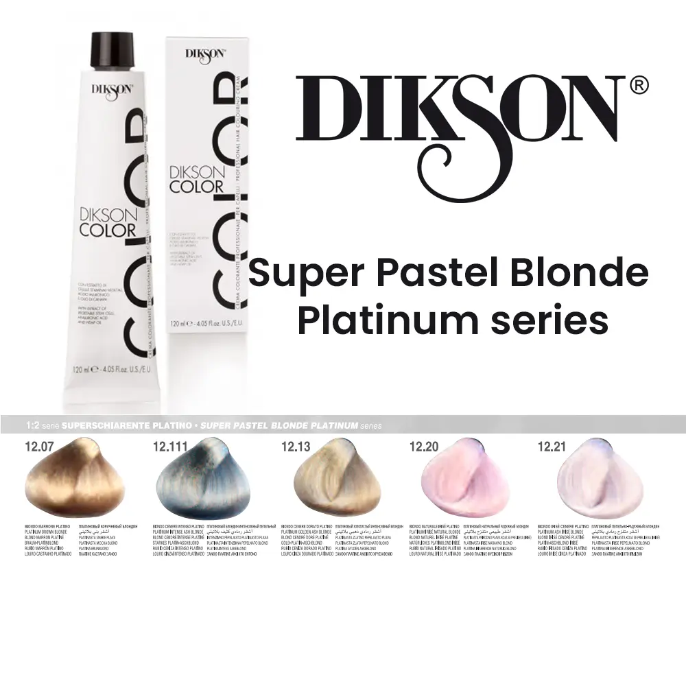pakiranje i paleta Dikson trajnih boja za kosu Super pastel blonde platinum serije